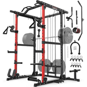 Power Cage,1500Lbs Multi-Function Power Rack with Adjustable Cable Crossover System and More Training Attachment, Weight Cage for Home Gym